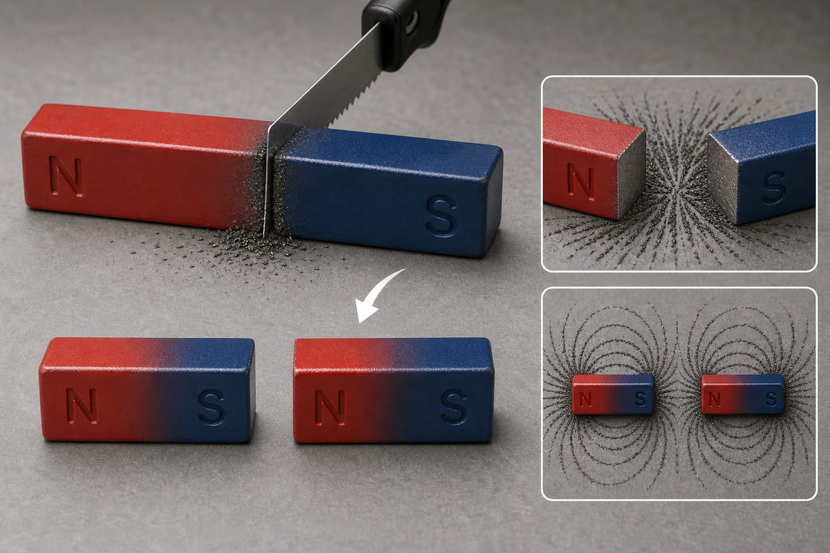 Tagliando a metà una barra magnetica, ciascuna metà diventa un magnete più piccolo dotato sia di polo nord che di polo sud