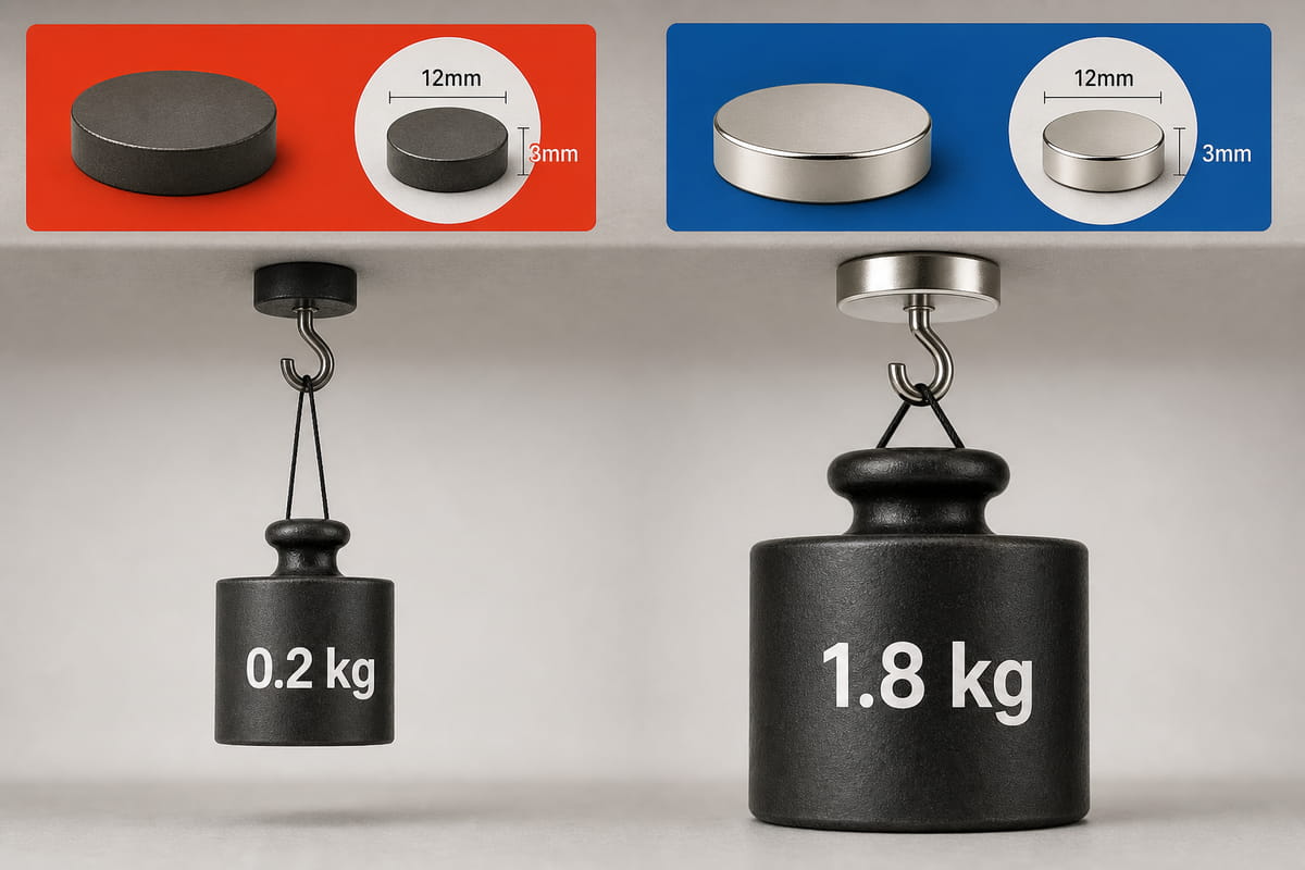 Differenza di potenza magnetica tra un magnete in ferrite e un magnete al neodimio